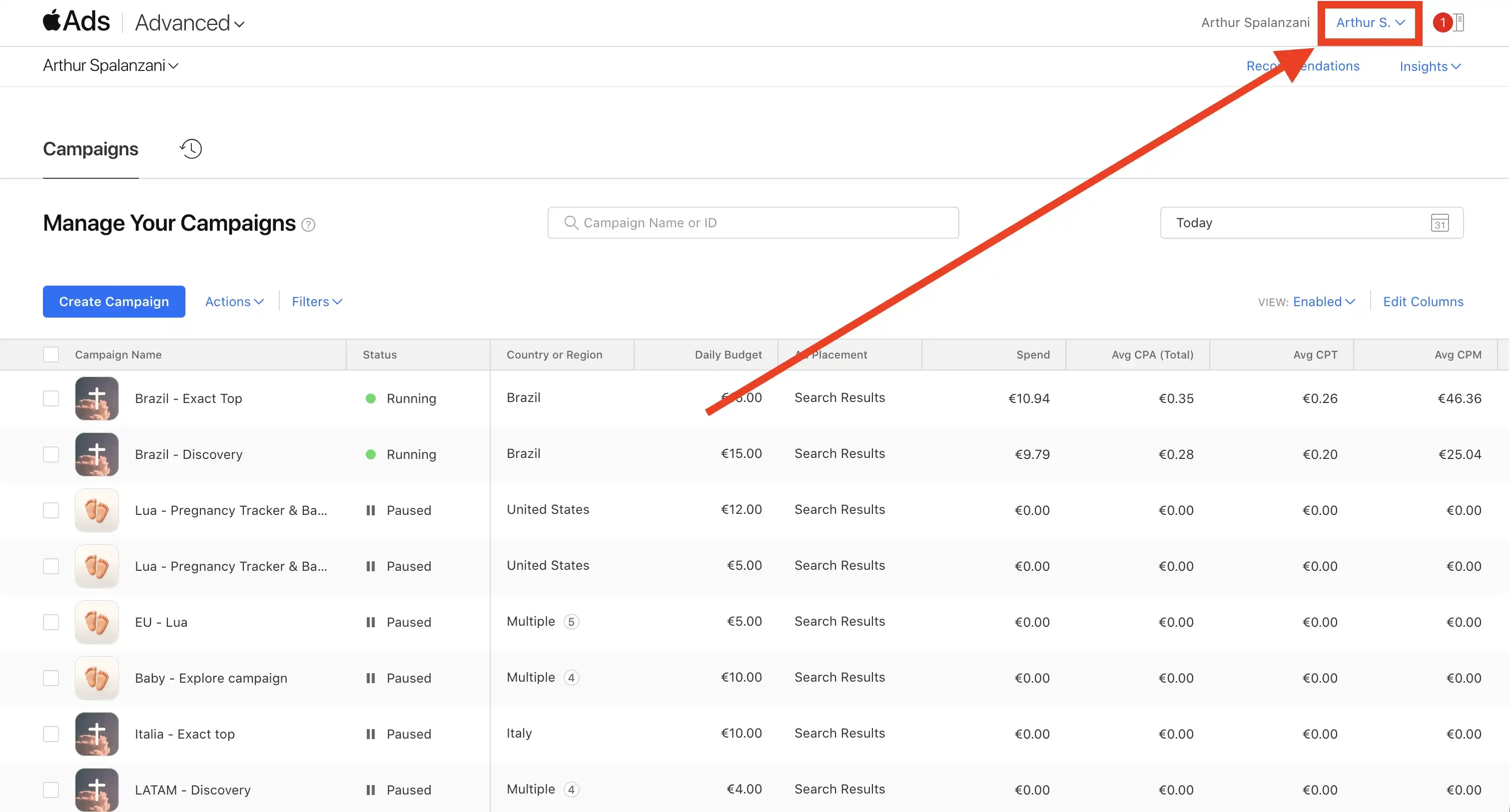 Apple Search Ads account menu