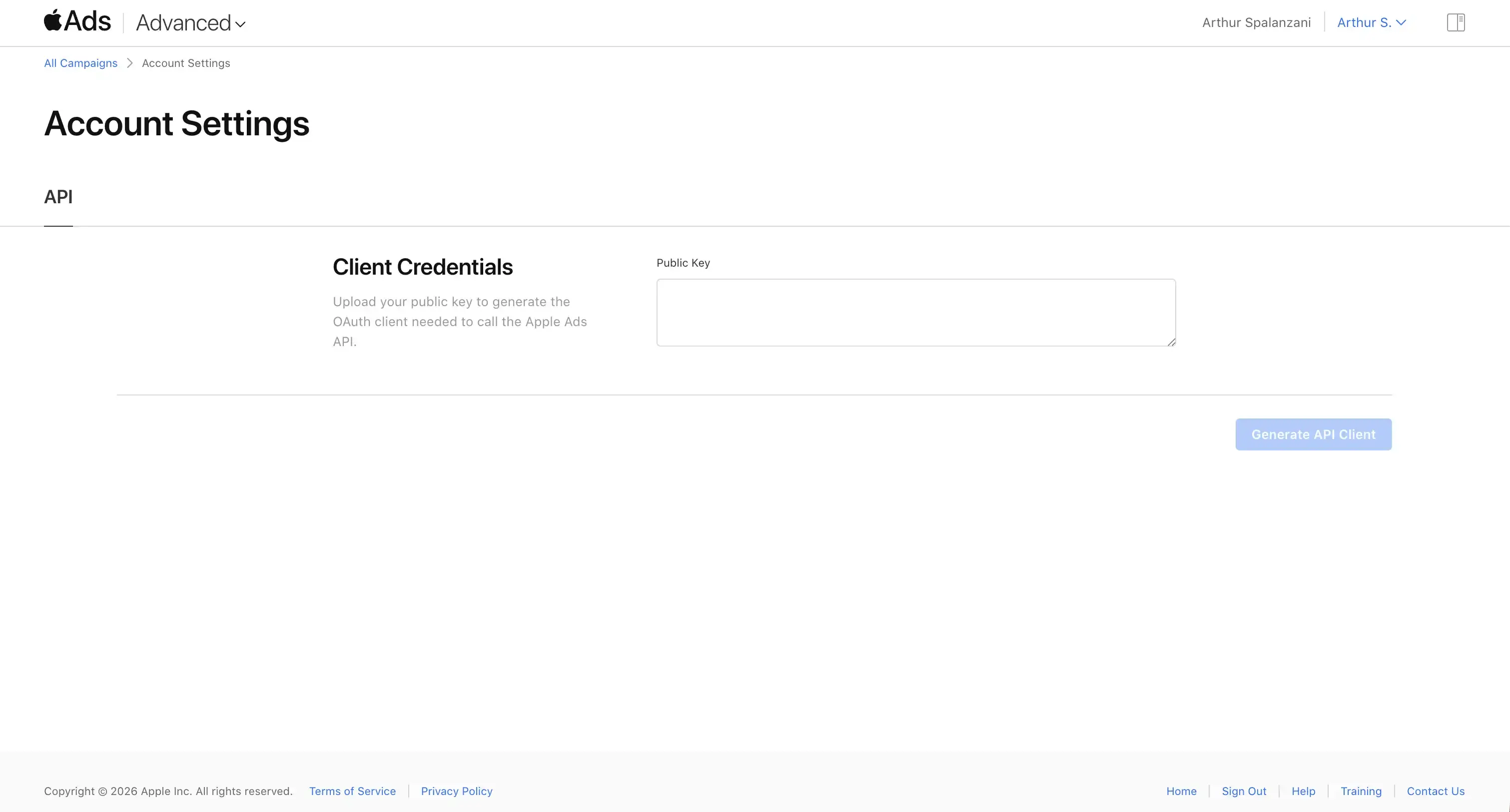 Apple Search Ads API page