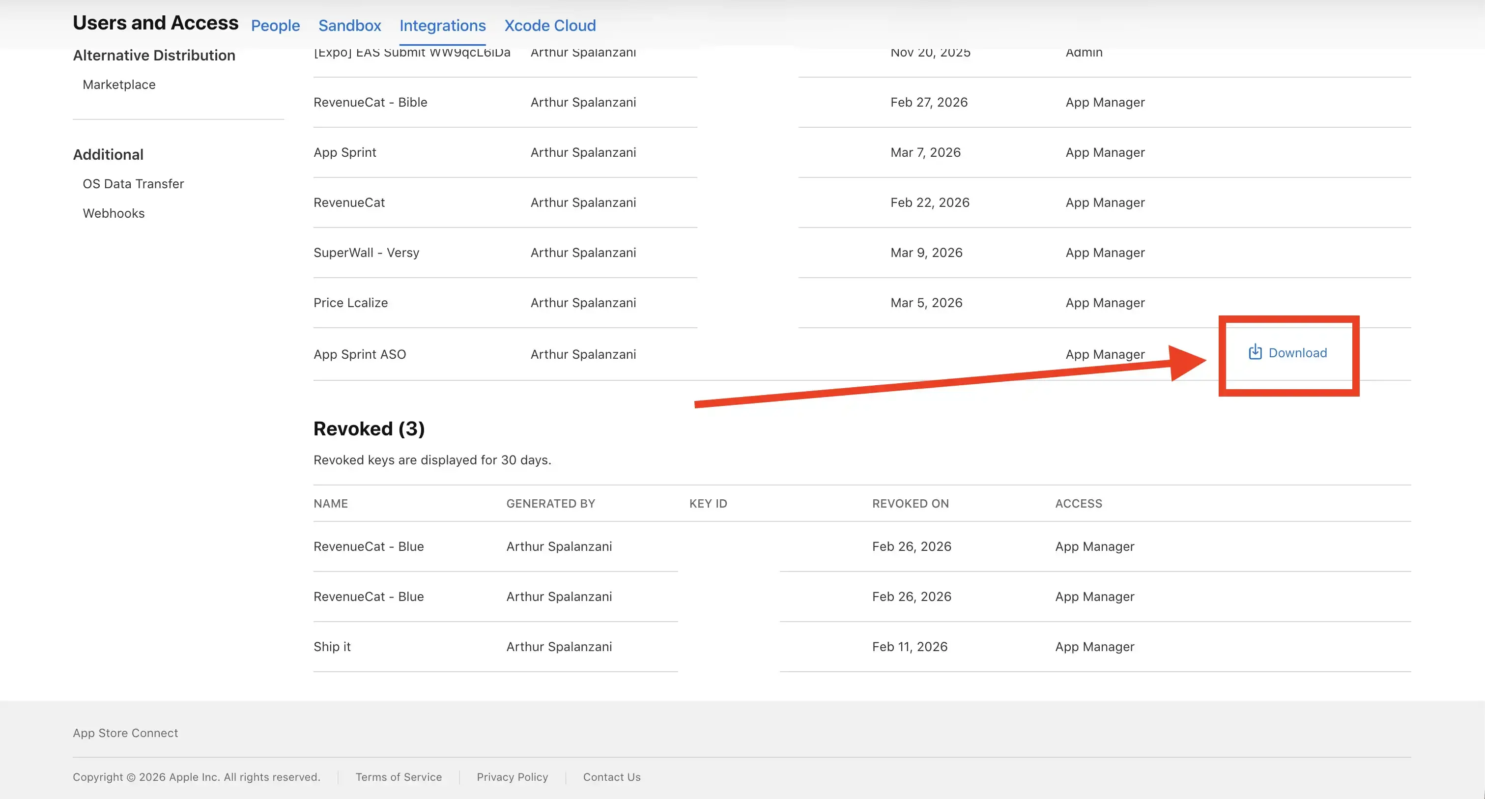 Download App Store Connect API key file