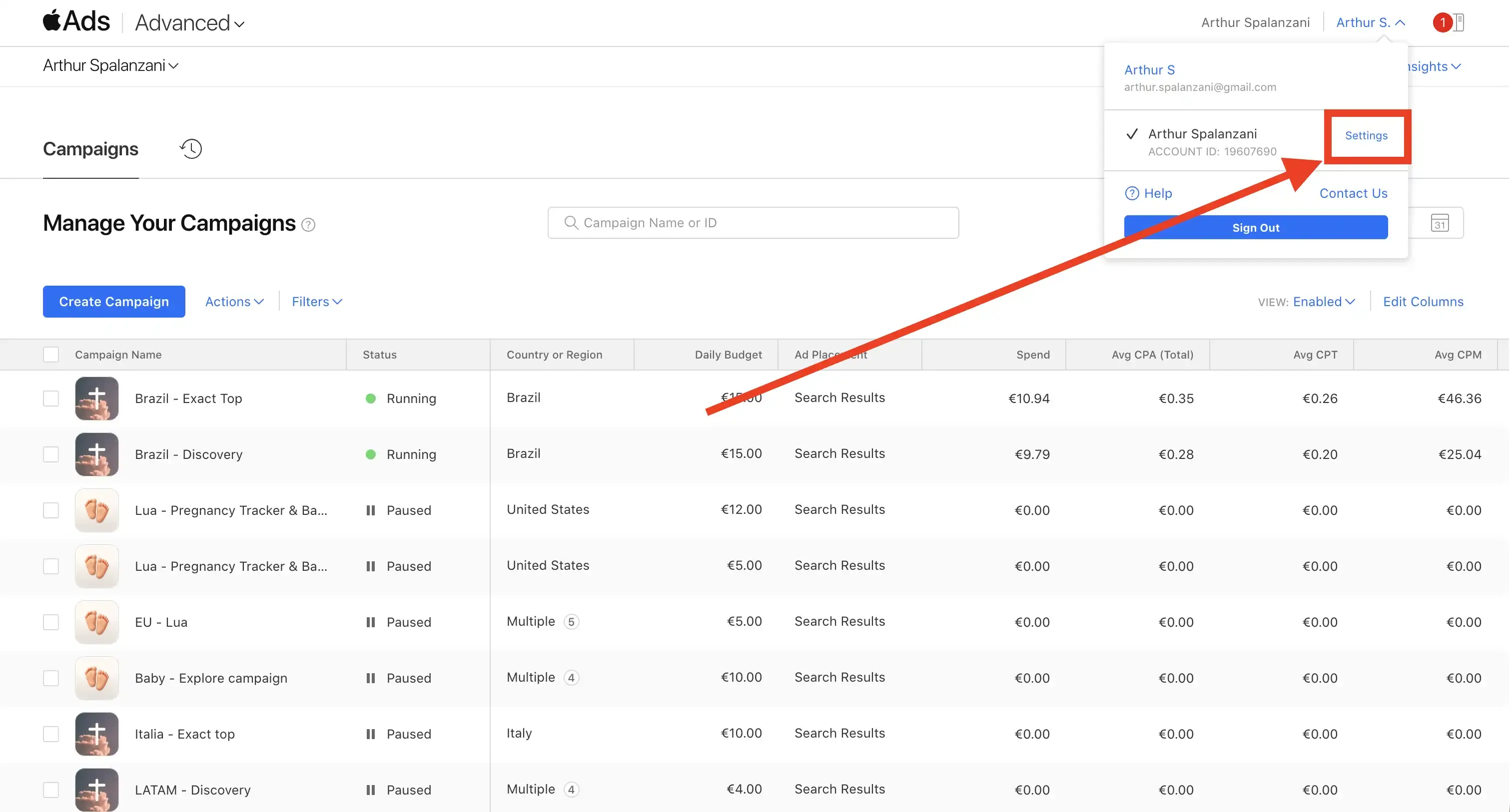 Apple Search Ads settings link
