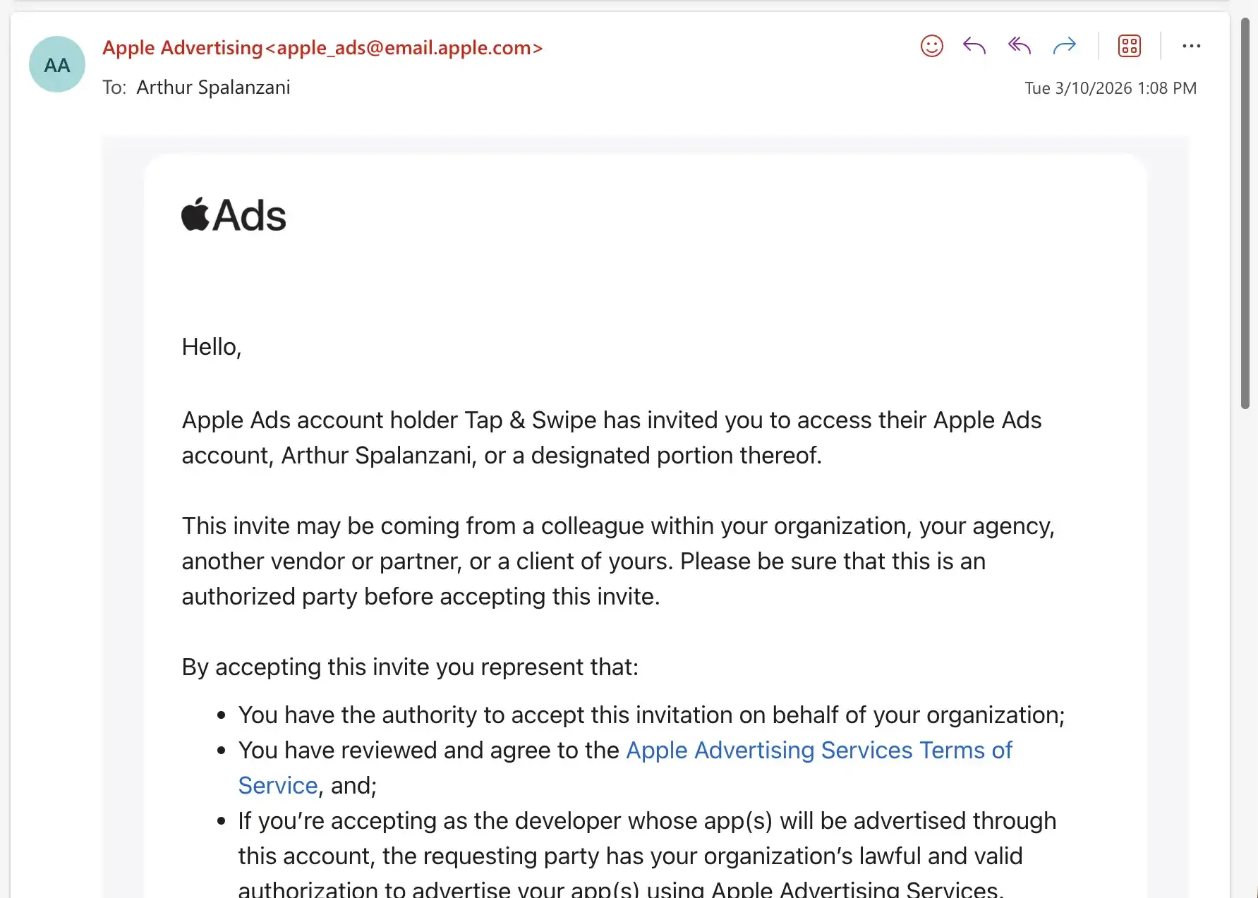 Apple Search Ads invitation email