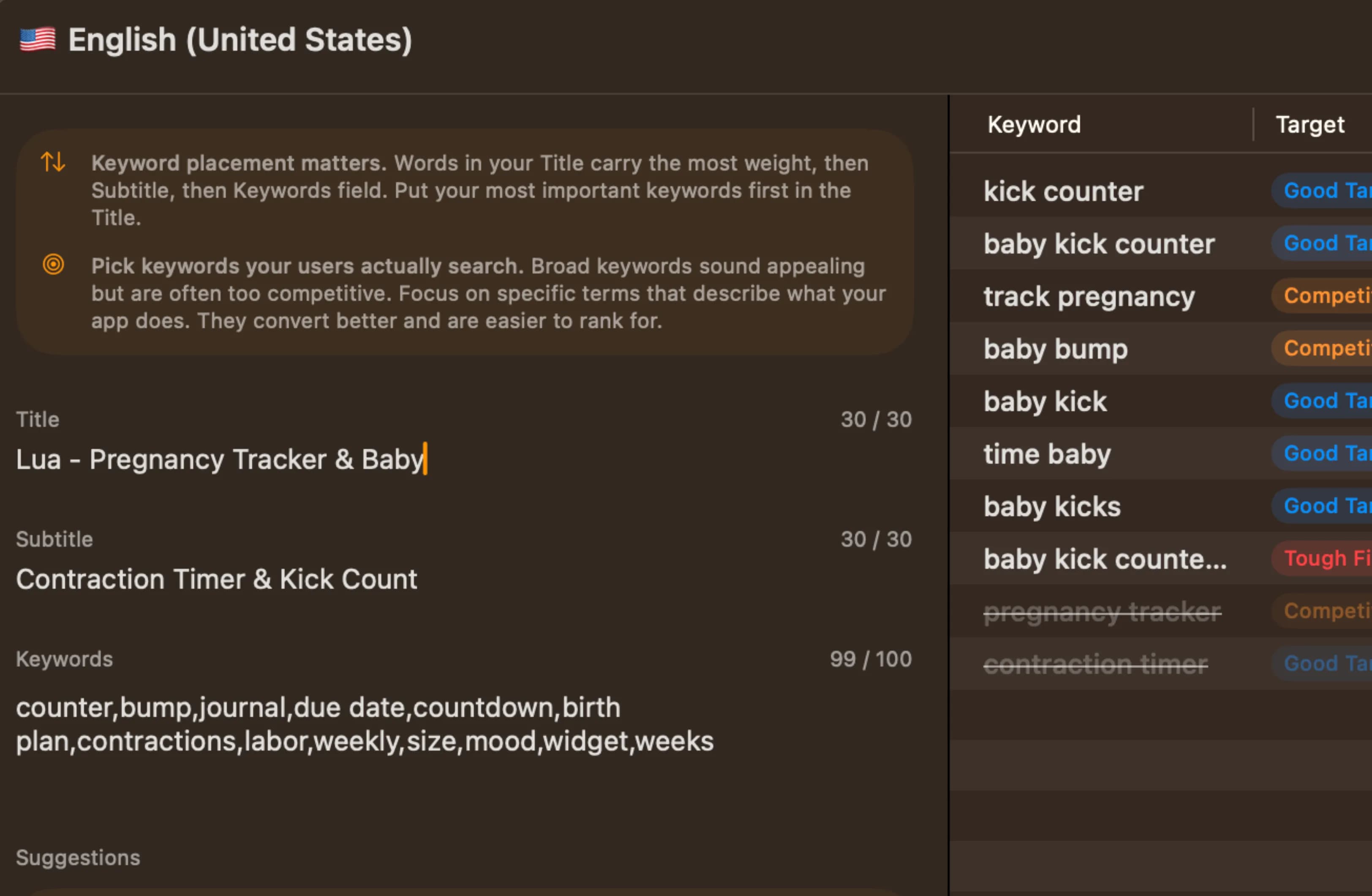 App Sprint ASO metadata editor pulling and pushing App Store Connect listings with smart keyword suggestions