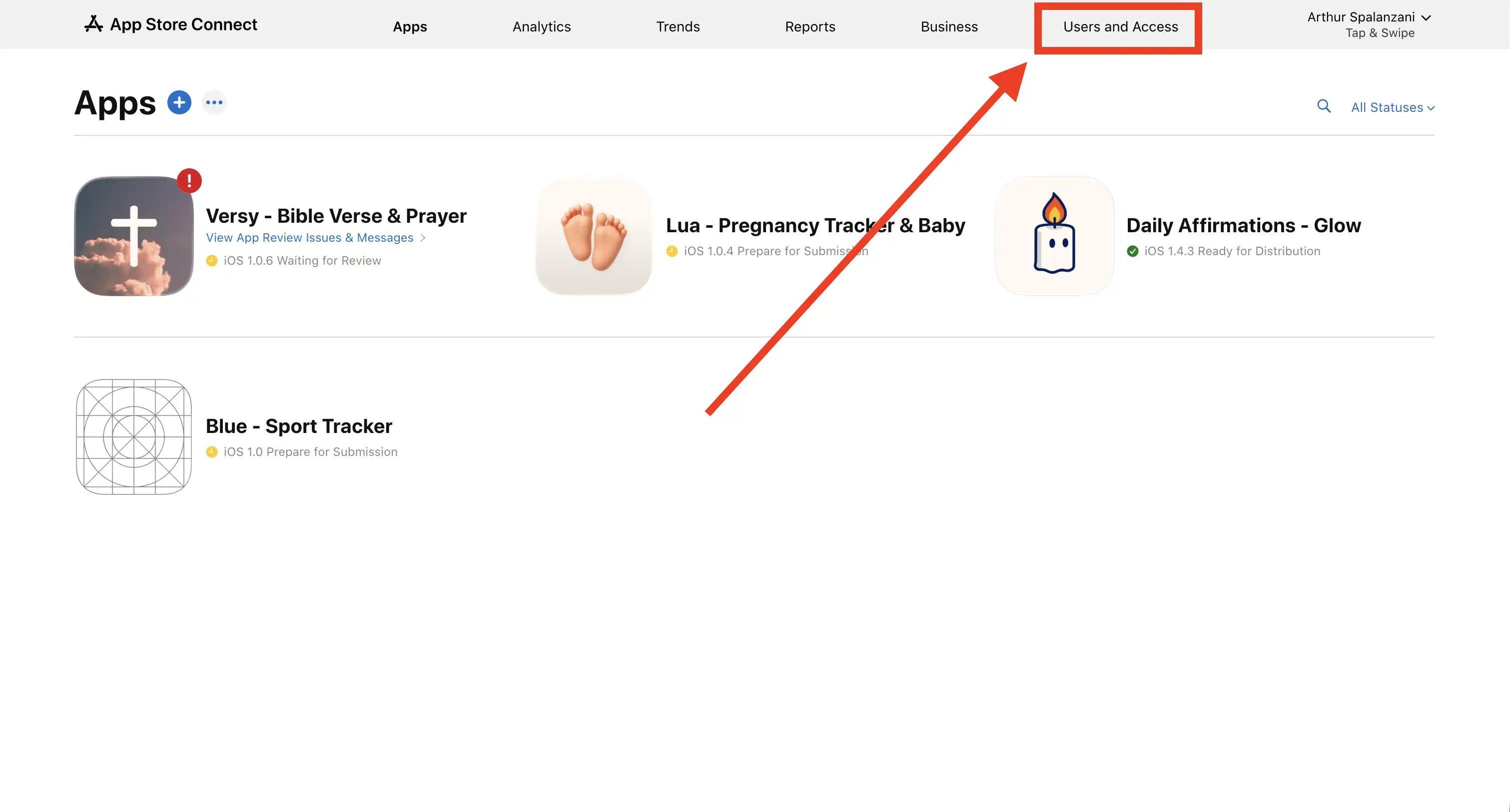 Users and Access page in App Store Connect
