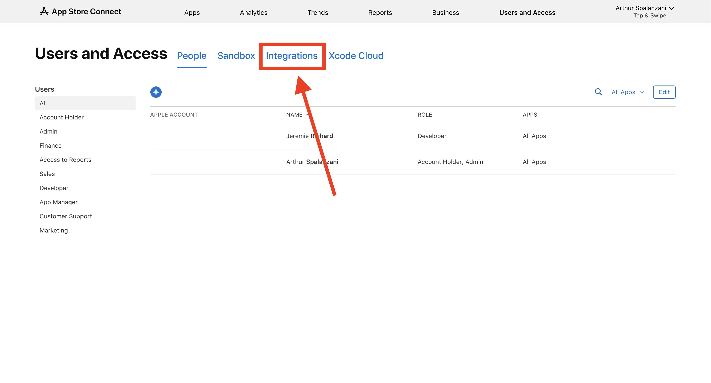 Integrations tab in App Store Connect