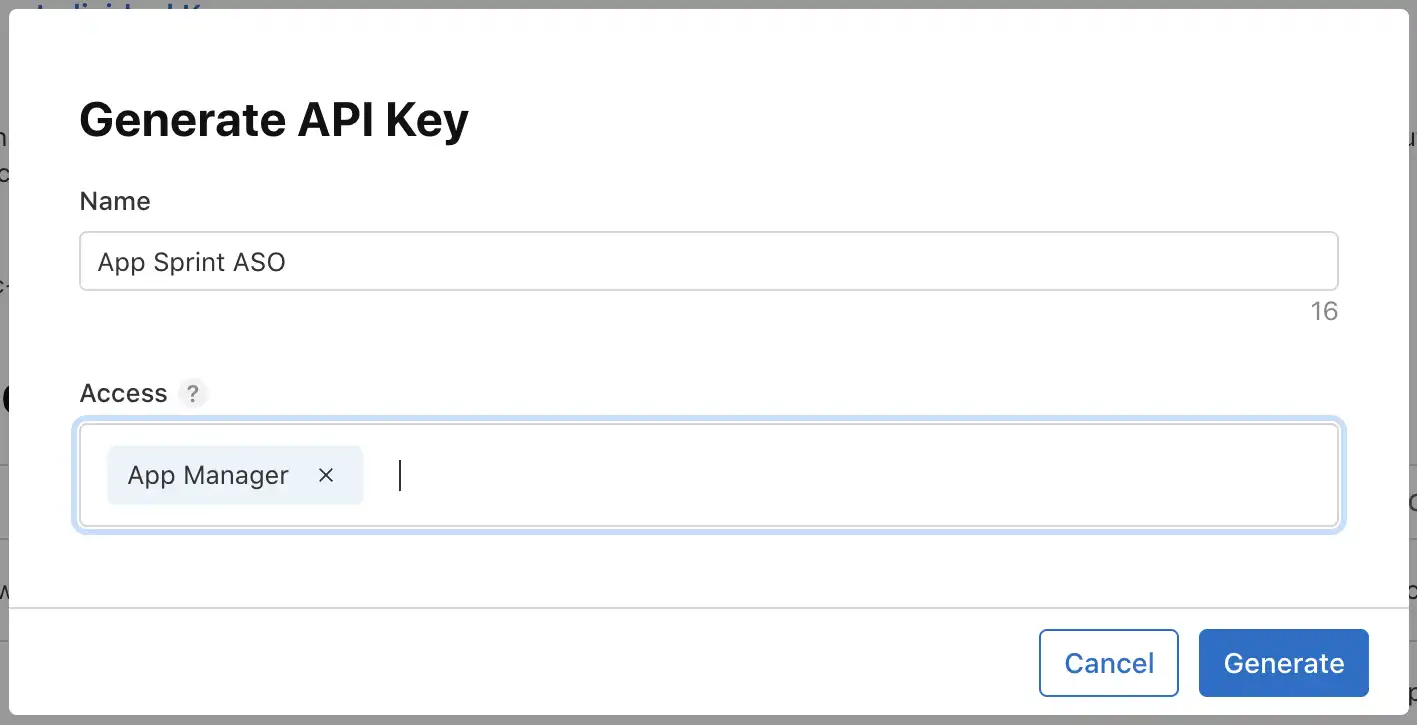 App Store Connect API key role selection