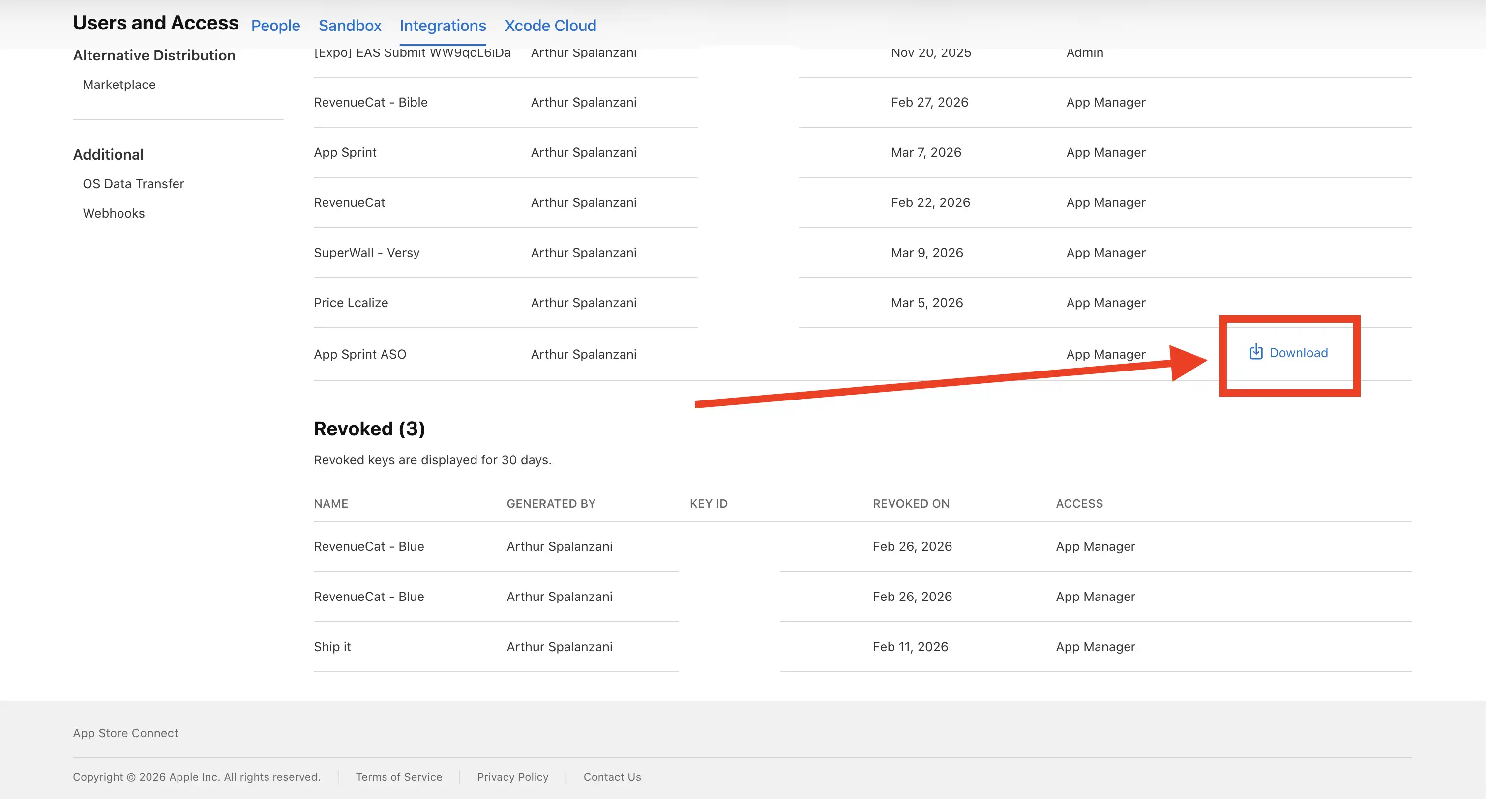 Download App Store Connect API key file
