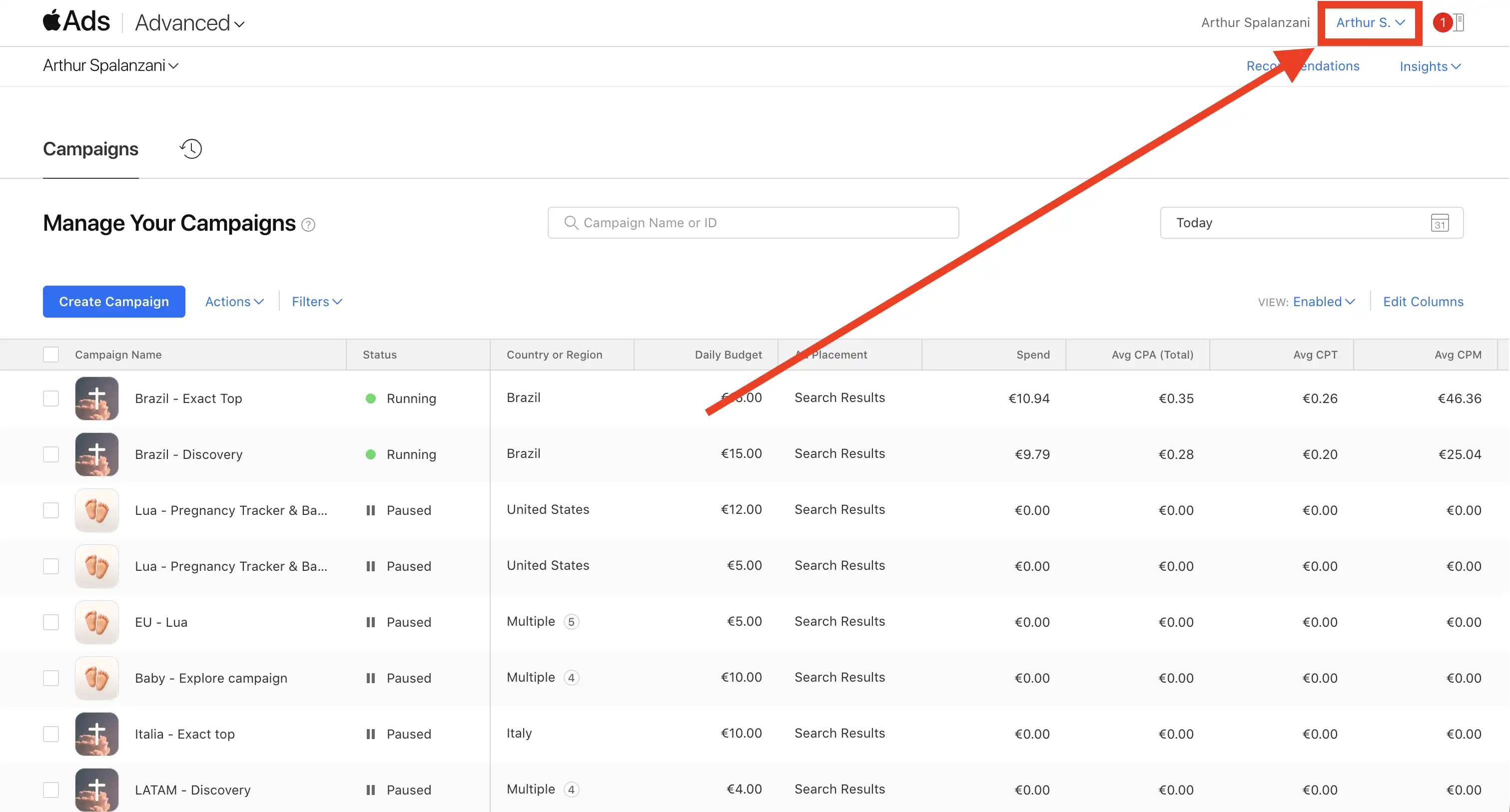 Apple Search Ads account menu