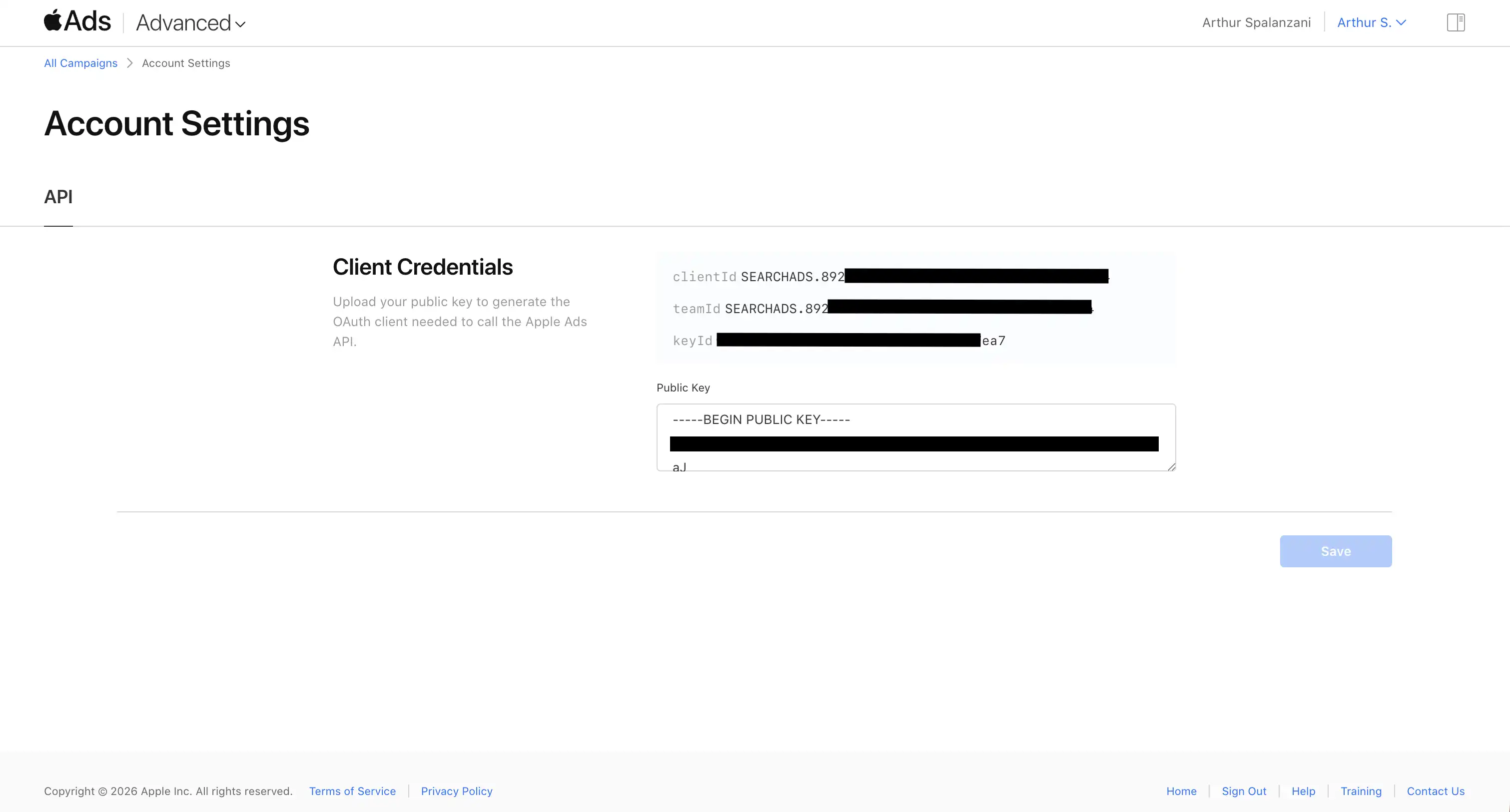 Apple Search Ads API credentials