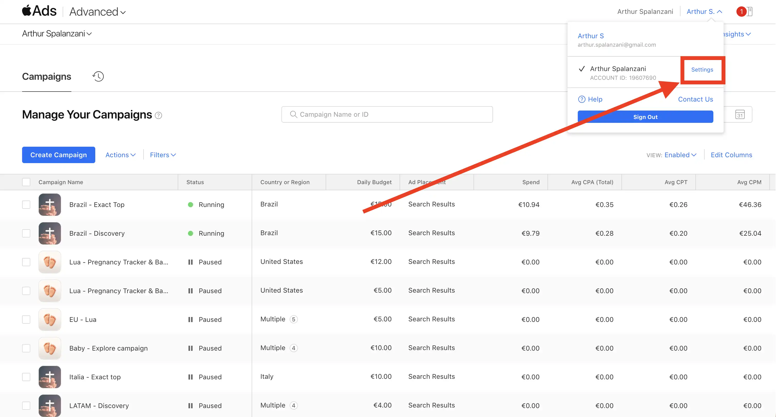 Apple Search Ads settings link