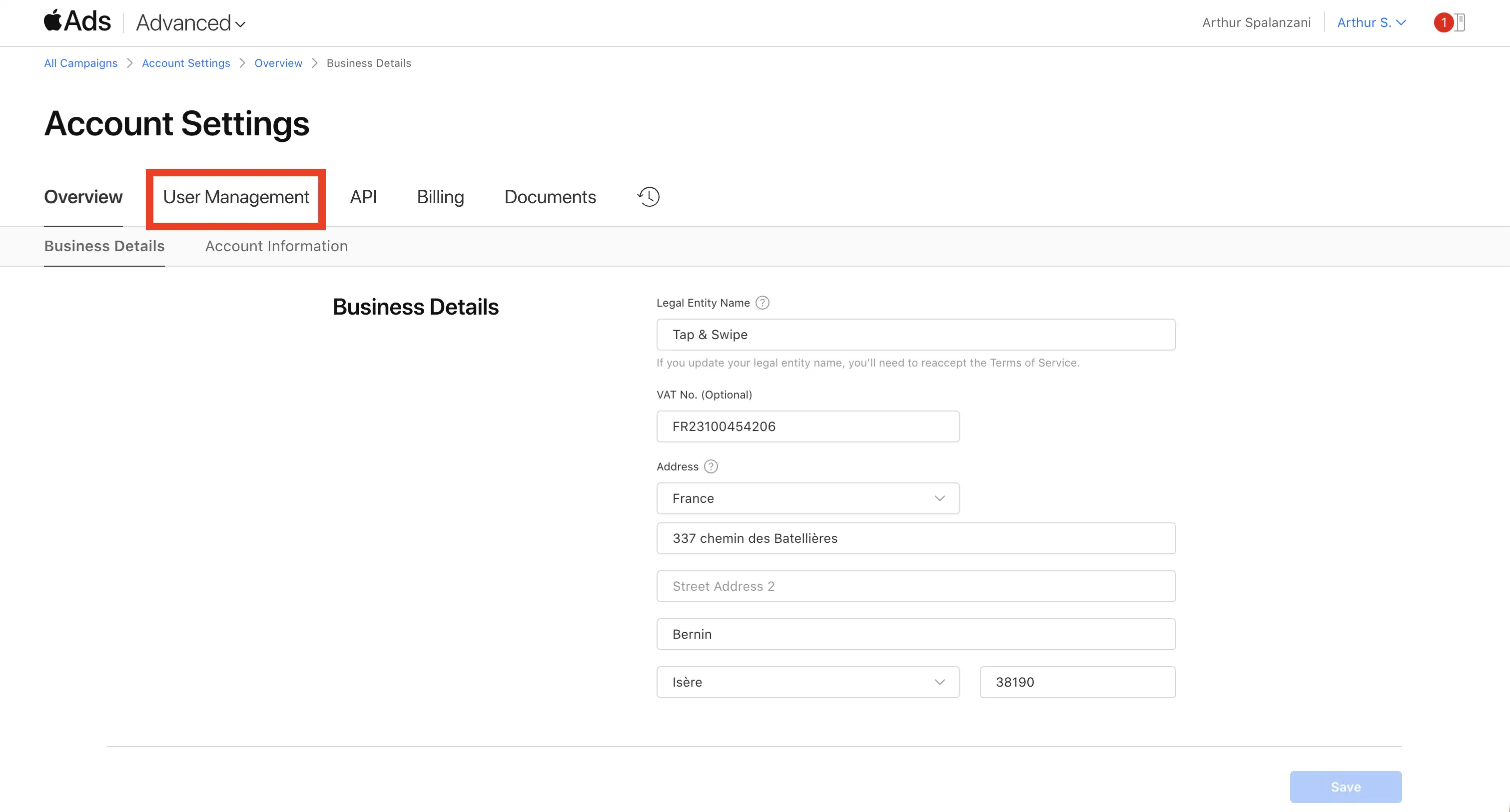 User Management tab in Apple Search Ads