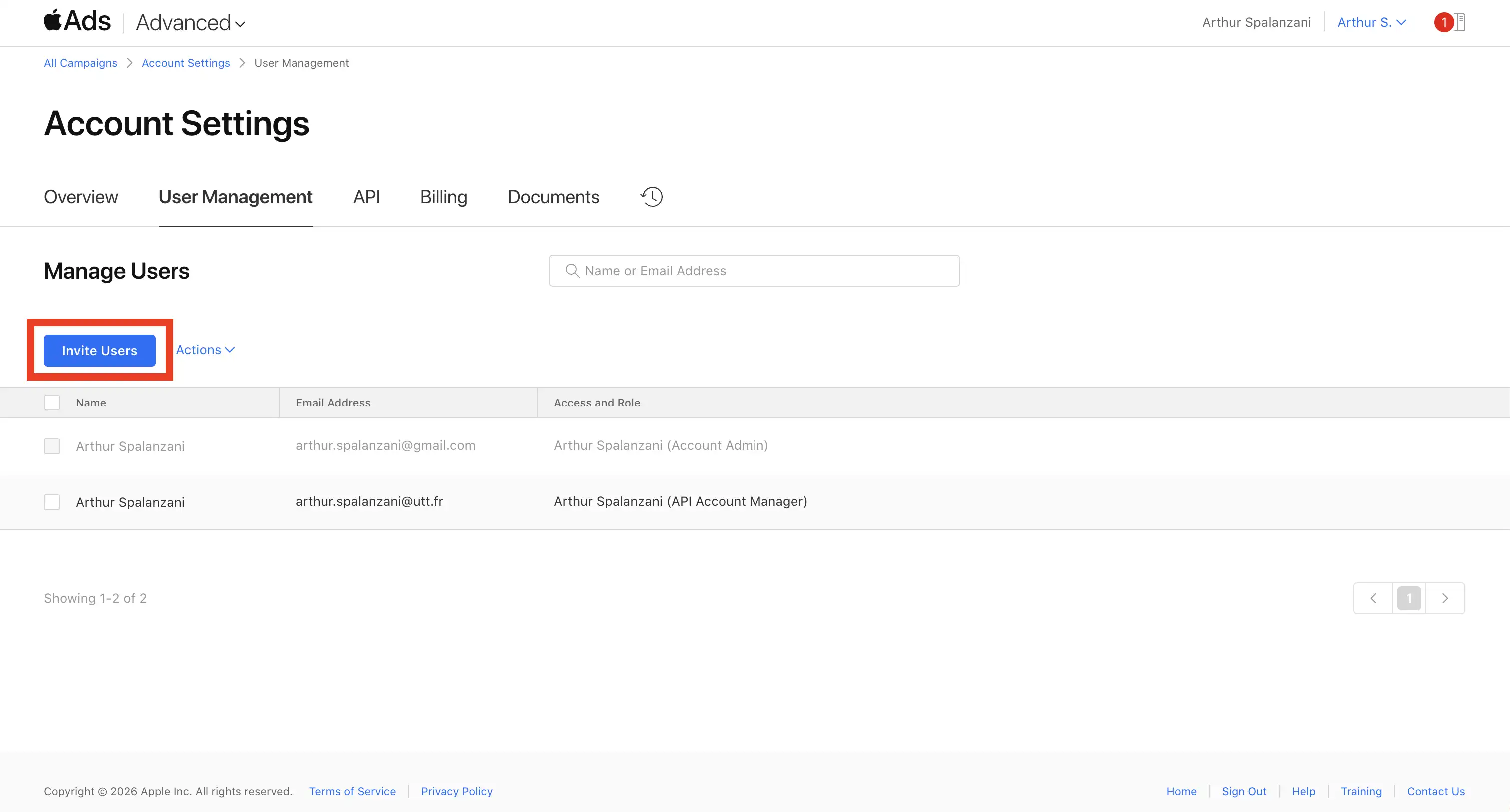 Invite Users button in Apple Search Ads