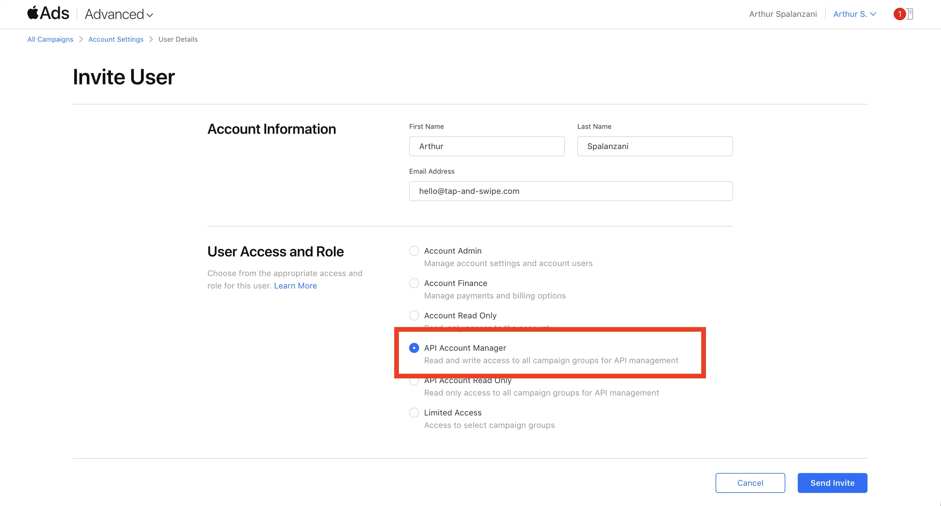 Invite an API Account Manager in Apple Search Ads
