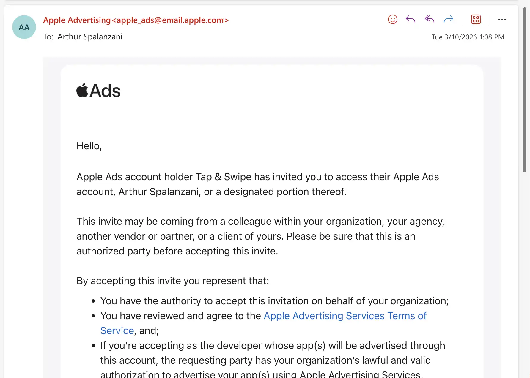 Apple Search Ads invitation email