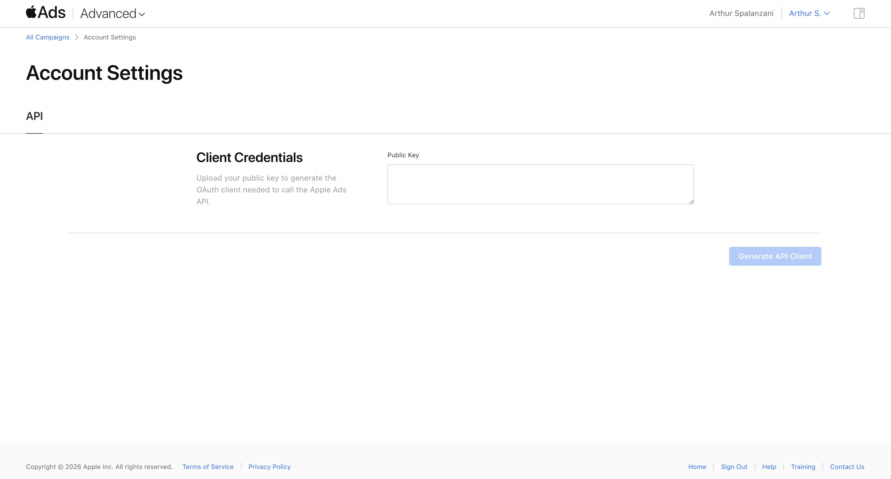 Apple Search Ads API page