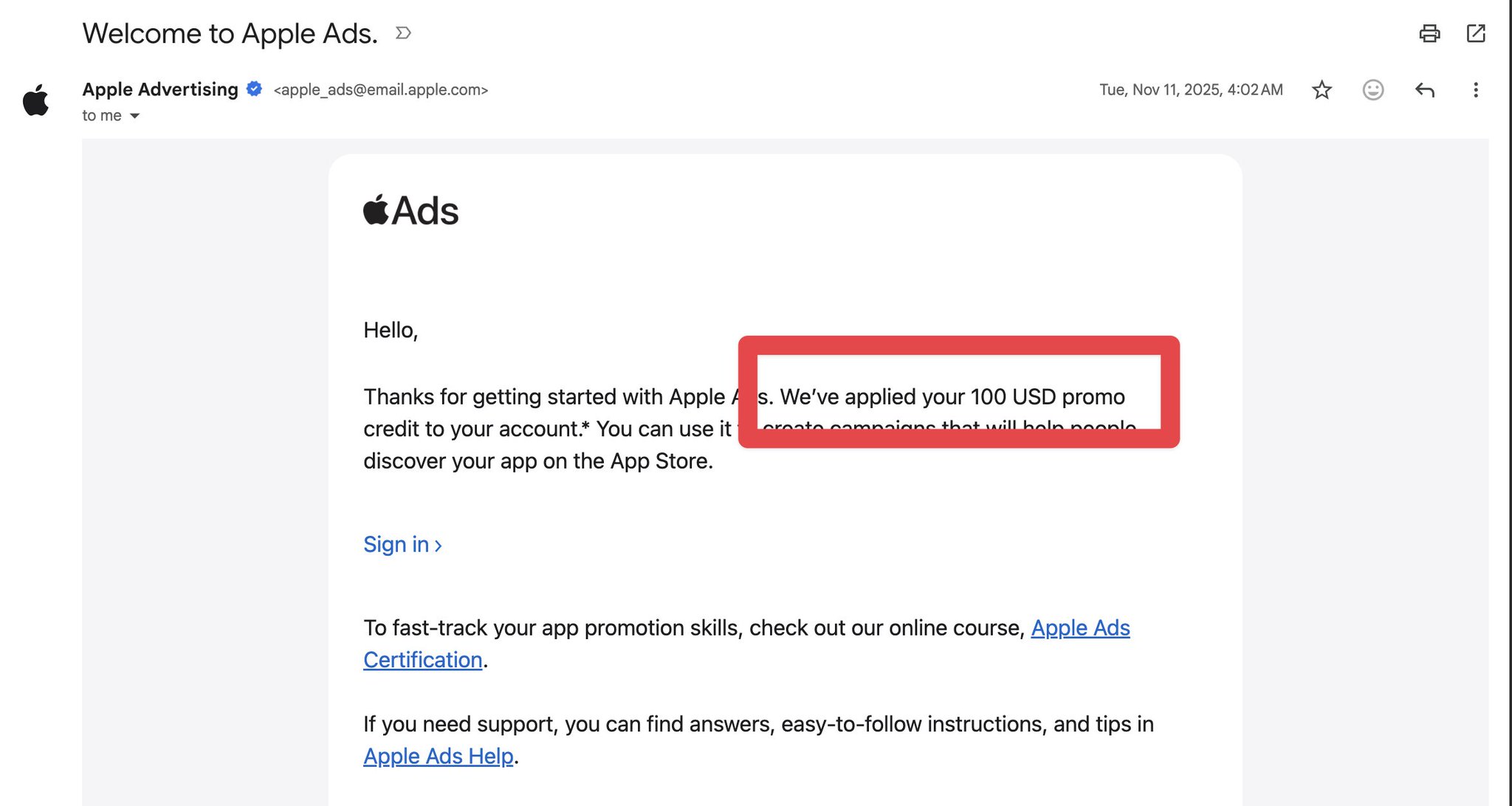 Apple Ads free credit screenshot