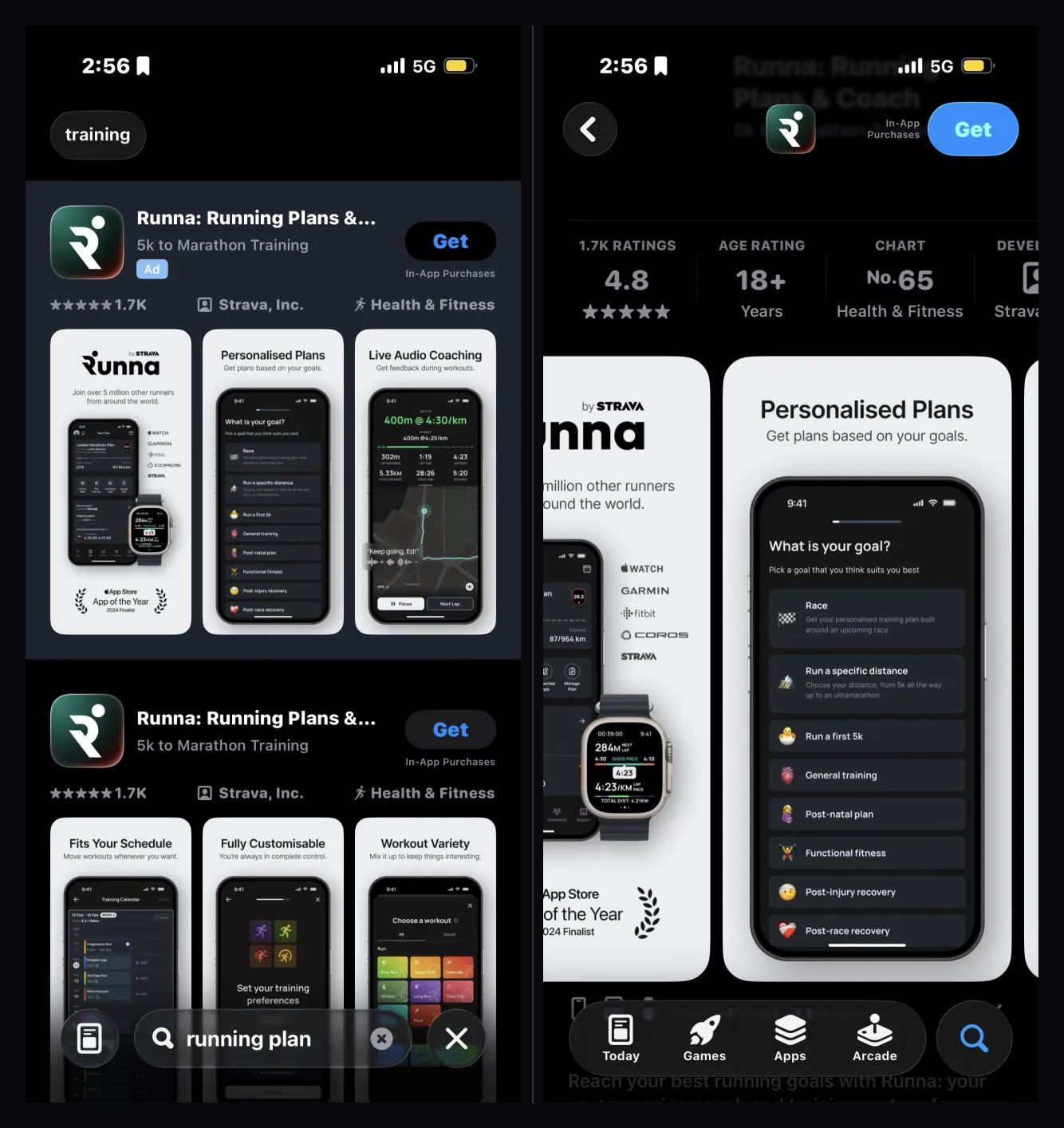 Running plan search intent compared with the default App Store page