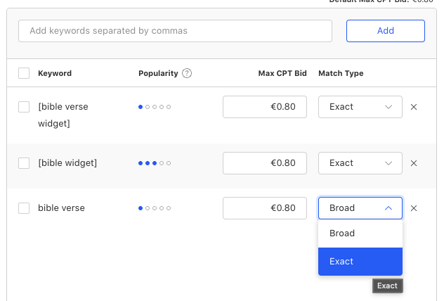 Exact match Apple Search Ads keyword setup