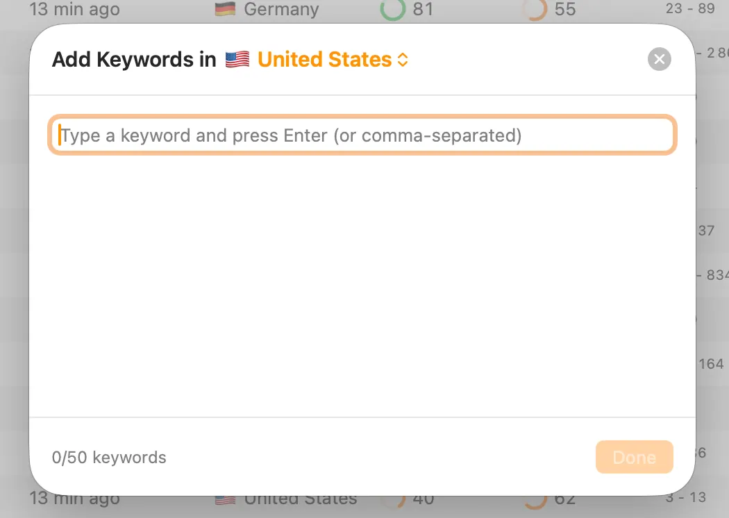Add Keywords sheet with United States selected and a keyword input field