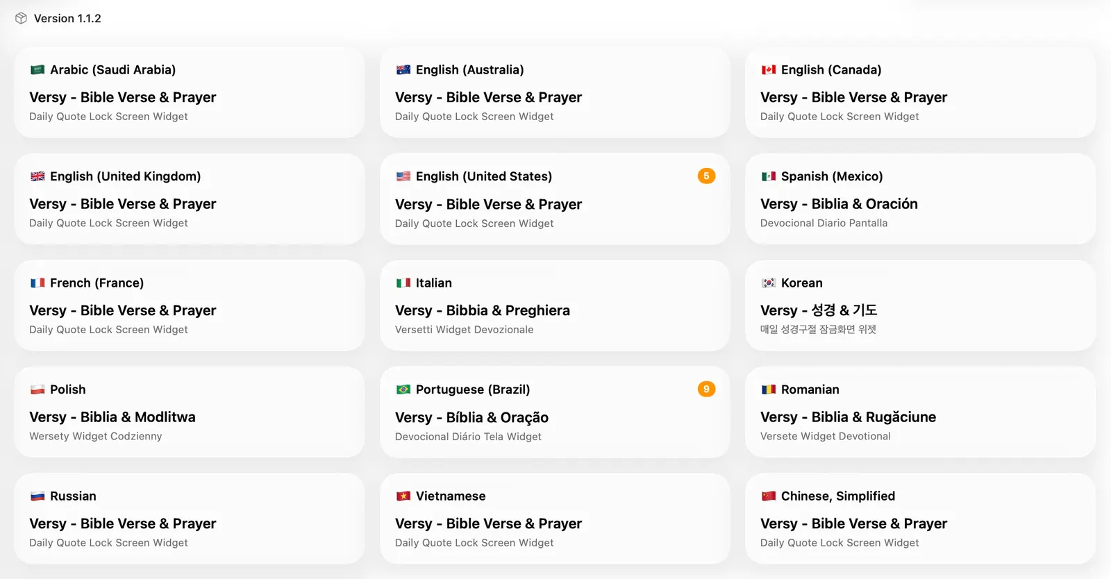 Localization grid showing App Store locales, translated titles, subtitles, and keyword counts