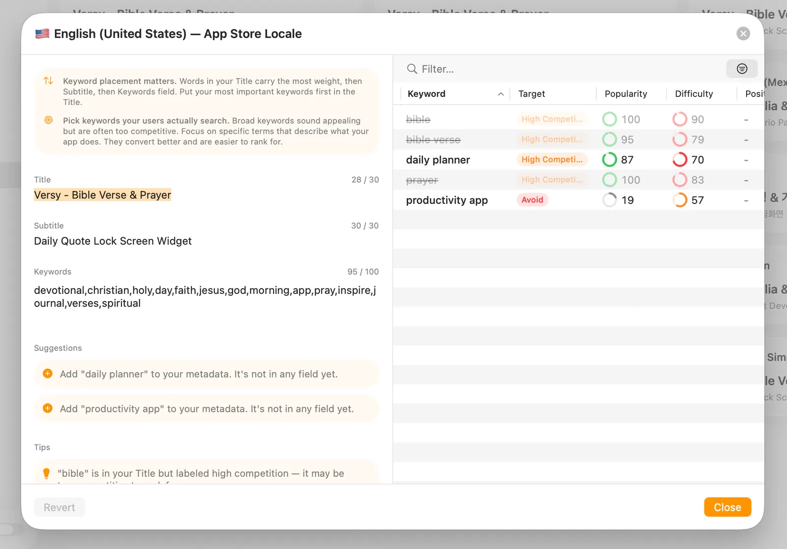 Metadata editor for a Brazilian Portuguese App Store locale with title, subtitle, keywords, suggestions, and keyword metrics